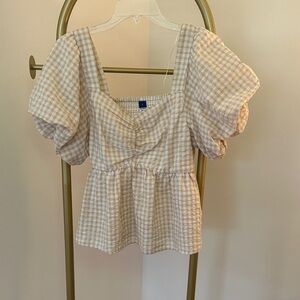Old Navy Checkered Puff Sleeve Blouse - Cream and Tan